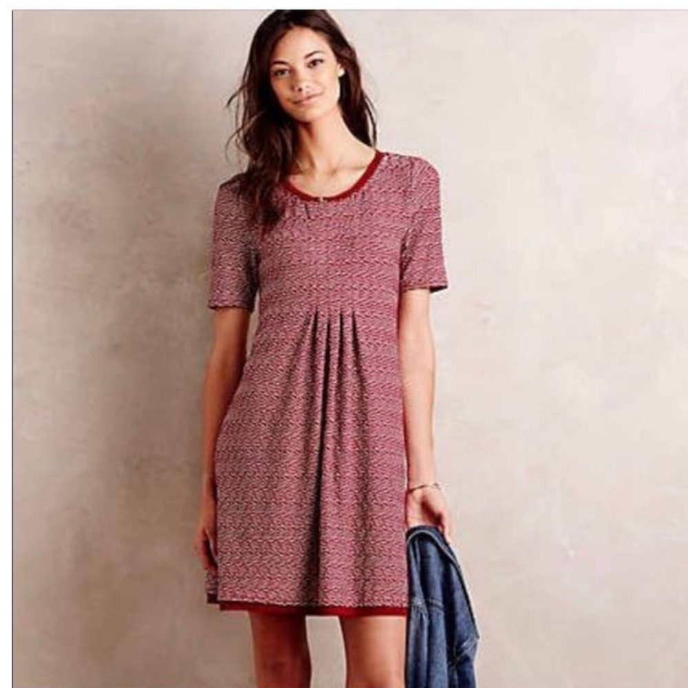 Maeve Anthropologie Burgundy White Textured Knit Pleated‎ Shift Dress XSmall